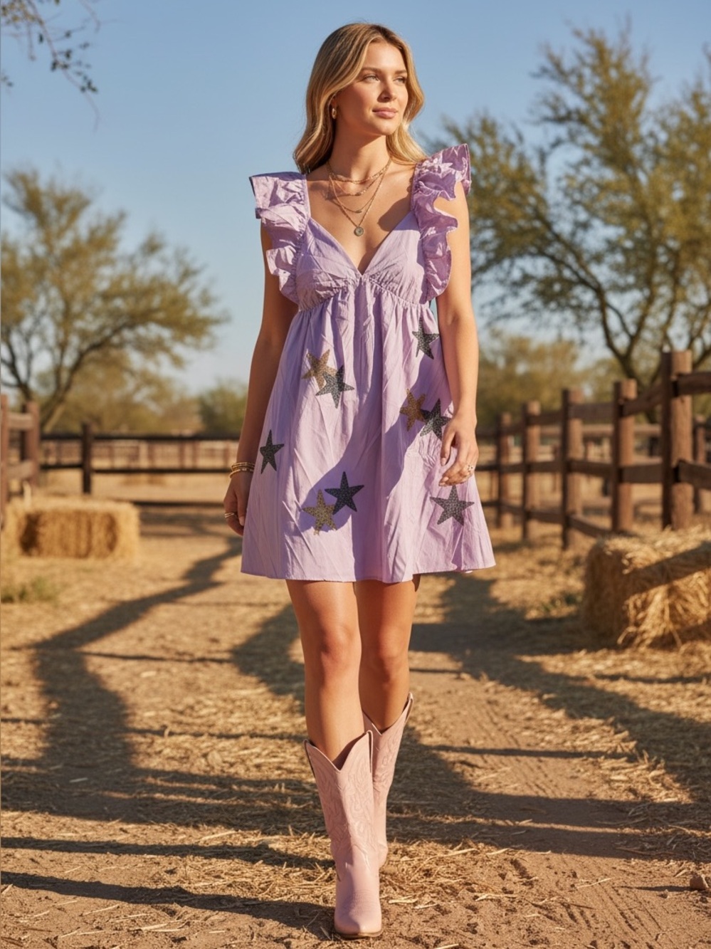 235 • Lavender Star Studded Ruffle Sleeve Mini Dress
